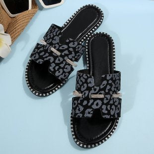 Damen bequeme Slides mit modischem Leopardenmuster und funkelnden Akzenten R&B