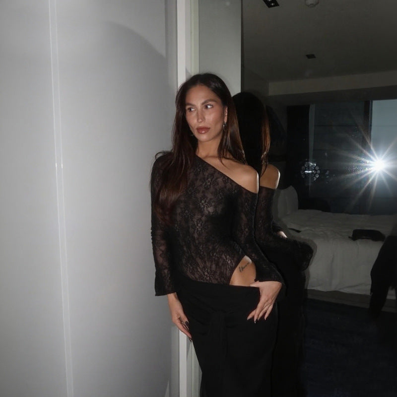 Damen eleganter Spitzen-Bodysuit mit schickem langen Rock R&B