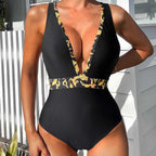Damen Einteiliger Badeanzug mit tiefem V-Ausschnitt und eleganter Gürtel-Detail R&B