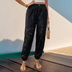 Damen Freizeithose mit floralem Samtlook und elastischem Bund