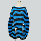Damen nan Oversized Grobstrickpullover mit breiten Blockstreifen und aufgerissenem Design R&B