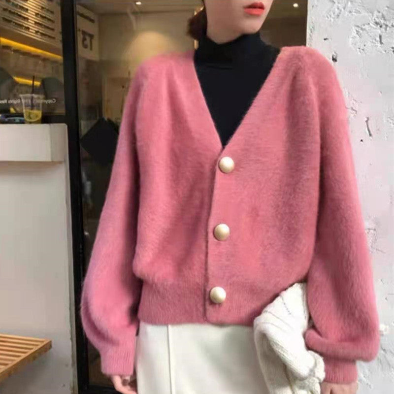 Damen Flauschige Strickjacke mit eleganten Knopfdetails R&B