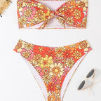 Damen Bandeau Bikini mit modischem Blumenmuster und verspieltem Knotendetail R&B
