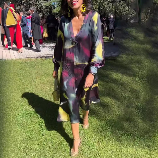Damen nan fließendes Midikleid mit abstraktem Print, V-Ausschnitt, Ballonärmeln und Schmuckverschluss R&B