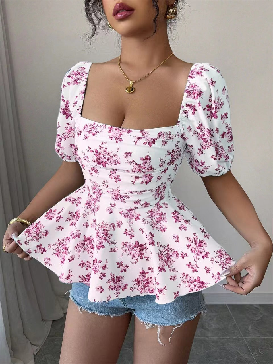 Damen Blusentop mit blumendem Muster und Wickel-Effekt R&B