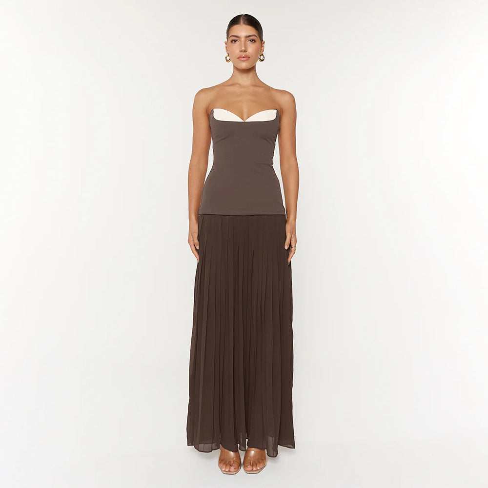 Damen Elegantes Maxikleid mit tiefem V-Ausschnitt und fließendem Rock R&B