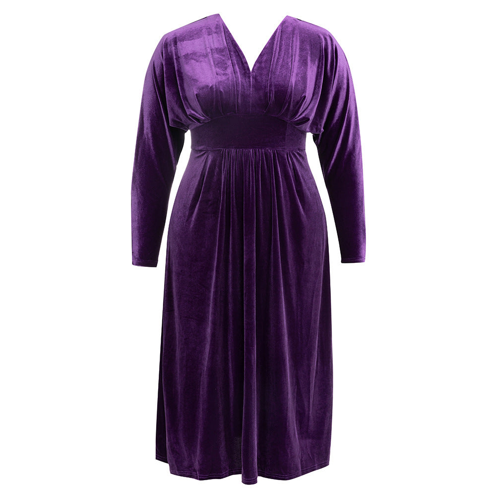 Damen Samt Maxikleid mit elegantem V-Ausschnitt und voluminösen Ärmeln R&B