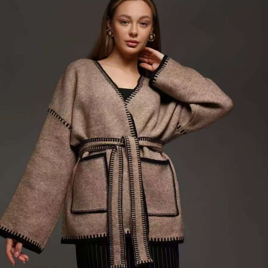 Damen Komfortabler Strick-Cardigan mit praktischen Taschen und Taillengürtel R&B