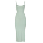Damen elegantes, figurbetontes Midi-Kleid mit feinen Spaghettiträgern R&B
