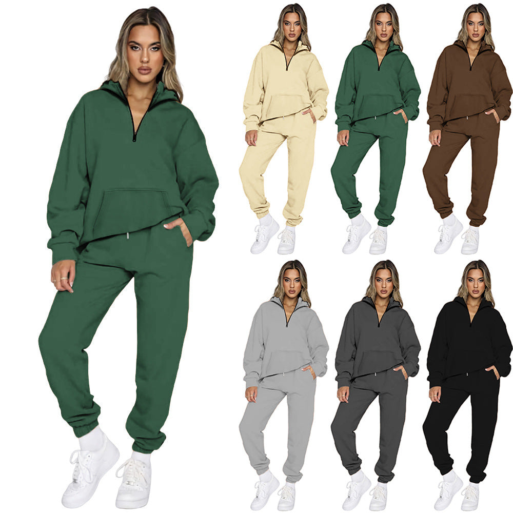 Damen gemütlicher Two-Piece Sweatsuit mit halbem Reißverschluss und praktischen Taschen R&B