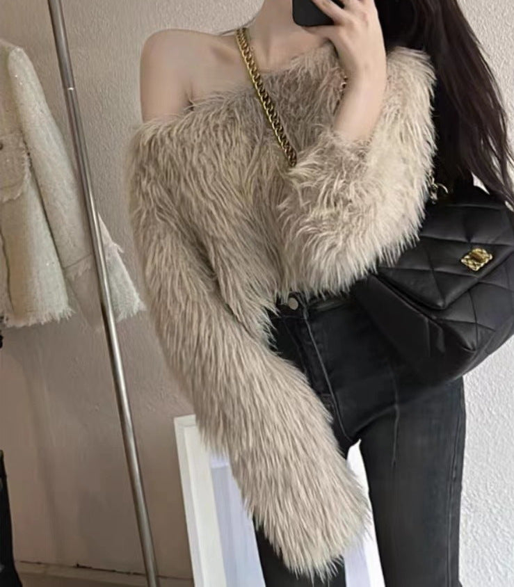 Damen Flauschiger Off-Shoulder-Pullover mit langen Ärmeln R&B