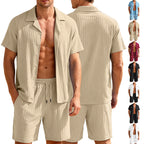 Herren nan geripptes Feinstrick-Lounge-Set mit kurzärmligem Revershemd und Kordelshorts R&B