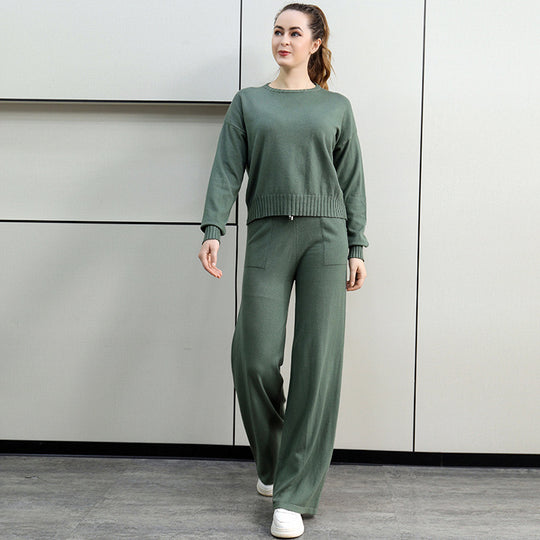 Damen gemütliches Strick-Loungewear-Set mit weitem Schnitt und praktischen Taschen R&B