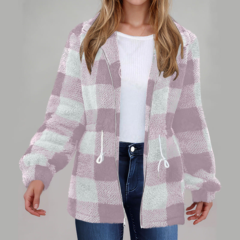 Damen kuschelige Oversize-Jacke mit kariertem Muster R&B