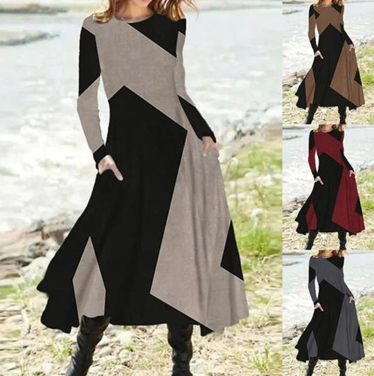 Damen nan geometrisches Maxikleid mit langen Ärmeln, A-Linien-Schnitt und seitlichen Eingrifftaschen R&B
