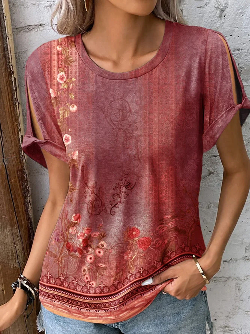 Damen florales Oversized-T-Shirt mit Cut-Out-Ärmeln R&B