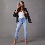 Damen modische Hochwasser Jeans im lässigen Vintage-Stil mit fransigem Saum R&B
