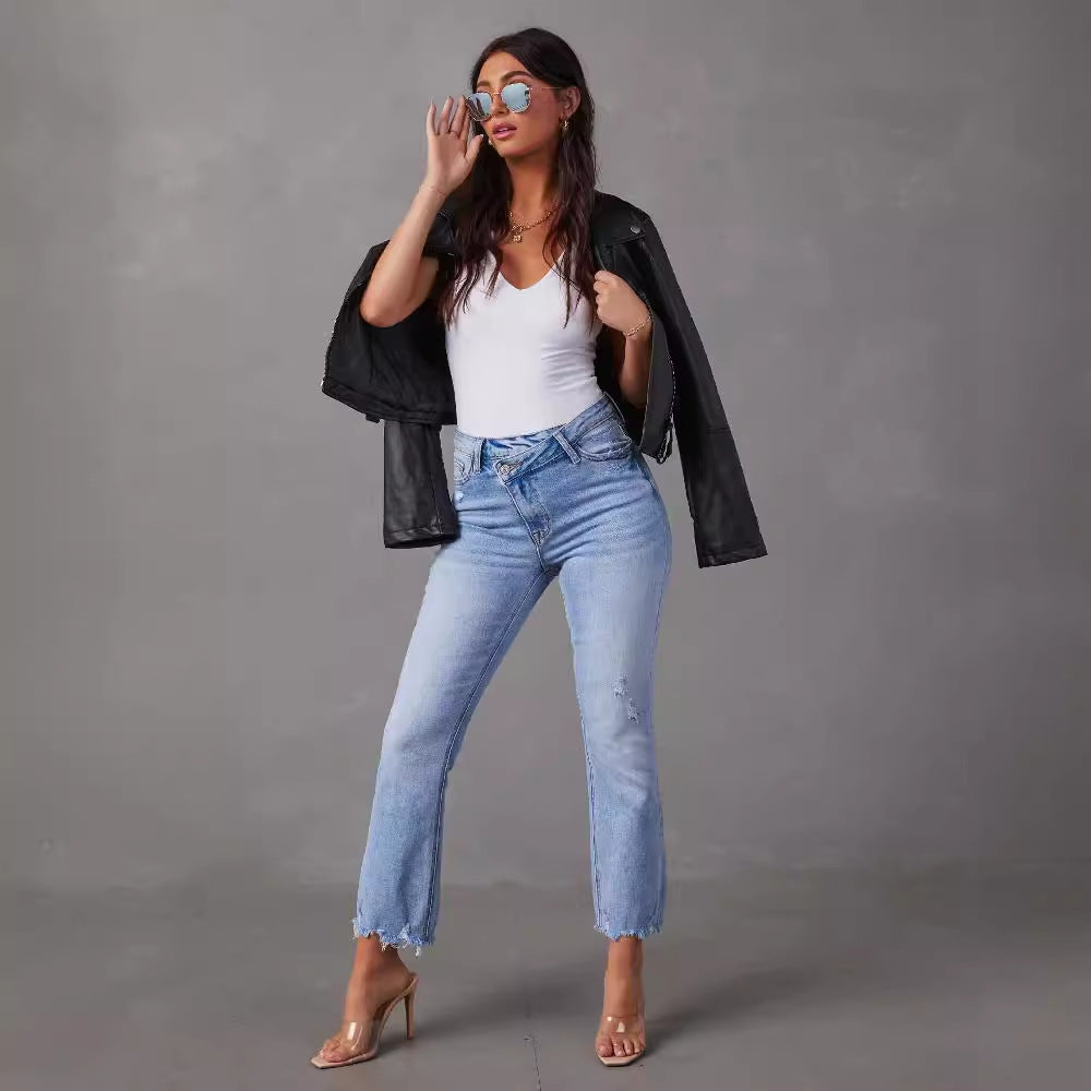 Damen modische Hochwasser Jeans im lässigen Vintage-Stil mit fransigem Saum R&B