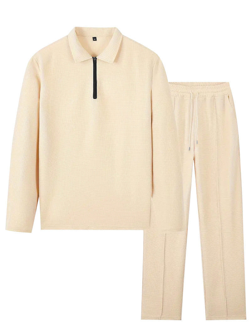 Herren nan Waffelstruktur-Wohn- und Freizeit-Set mit Halbzip-Polokragen und Kordelbund R&B
