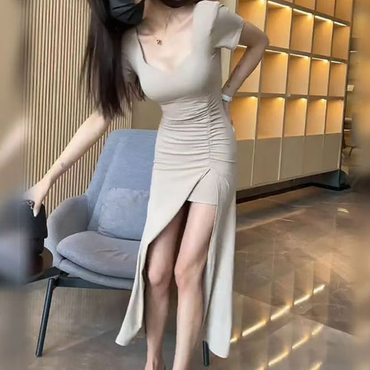 Damen figurbetontes langes Kleid mit schickem Raffungseffekt und hohem Schlitz R&B