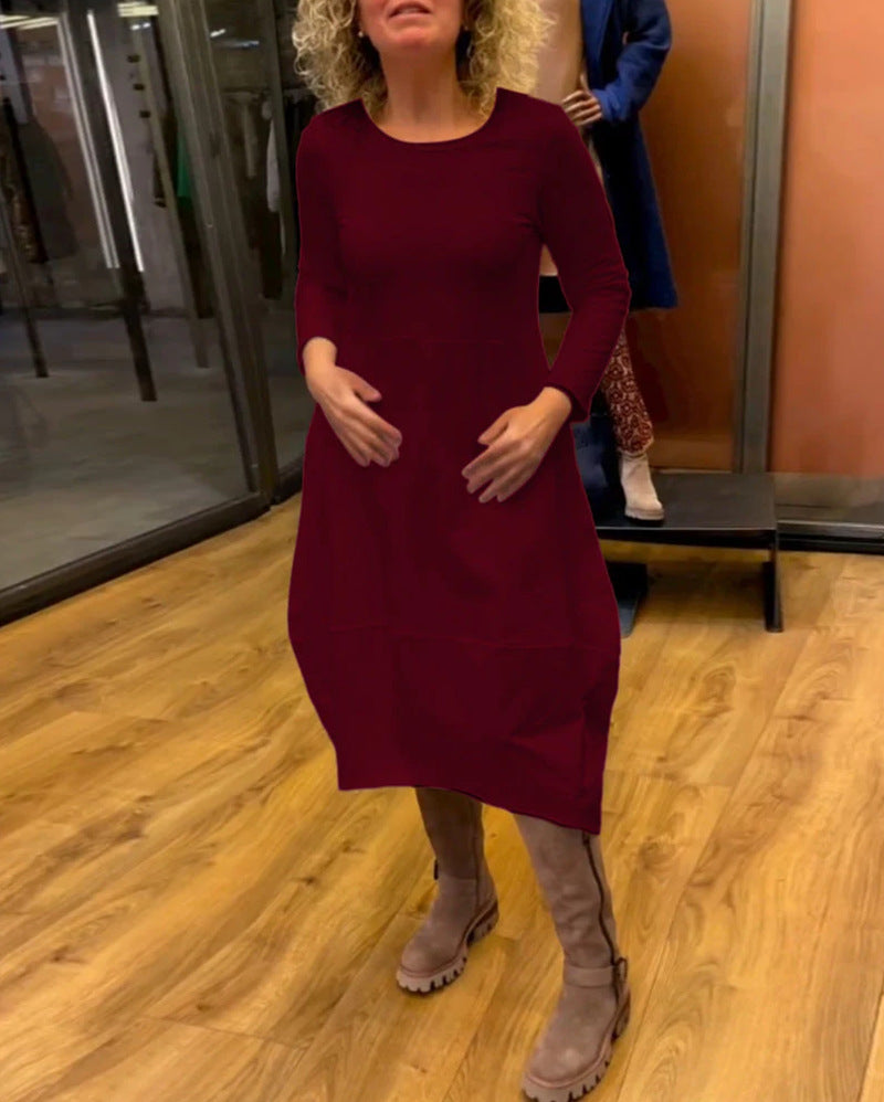 Damen nan asymmetrisches Ballonkleid mit dreiviertelärmeln, seitlichen Eingrifftaschen und fließendem Zipfelsaum R&B