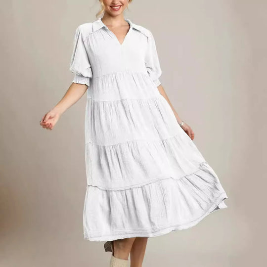 Damen lässiges Maxikleid mit V-Ausschnitt und volumetrischen Ärmeln R&B