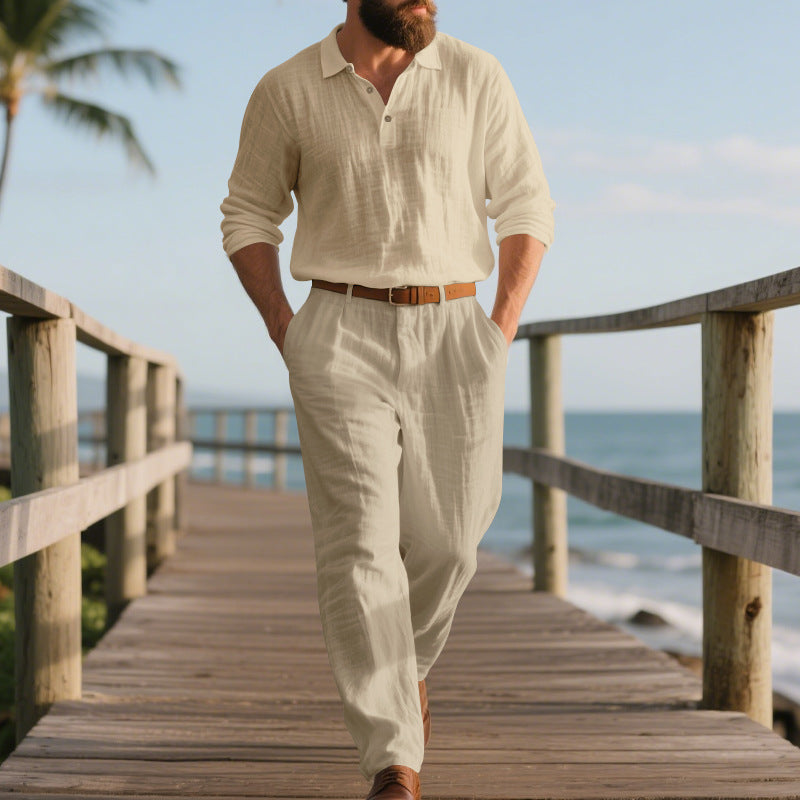Herren eleganter Freizeit-Jumpsuit mit praktischen Taschen und stylischem Henley-Ausschnitt R&B