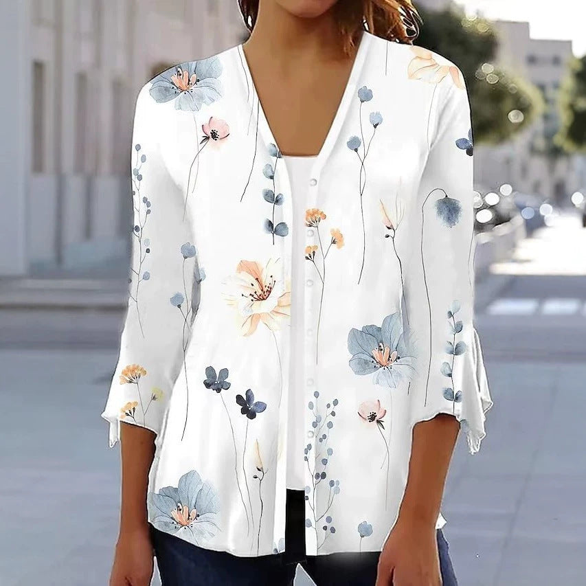 Damen nan leichte Chiffonbluse mit Aquarellblumenprint, V‑Ausschnitt, Knopfleiste und dreiviertelärmeln R&B