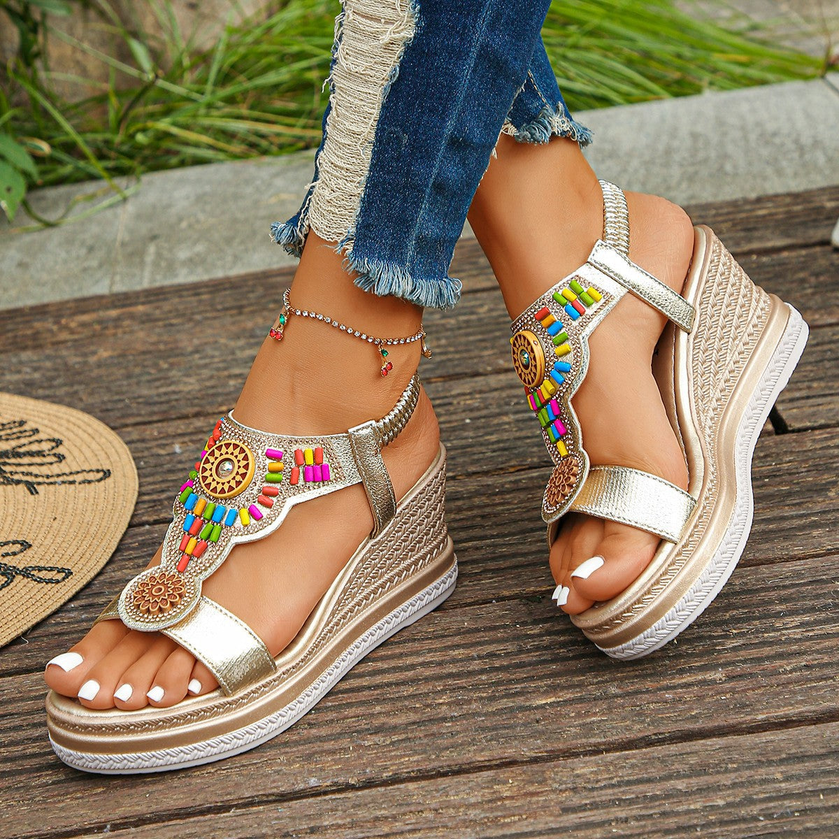 Damen Wedge-Sandalen mit buntem Dekor und rutschfester Sohle R&B