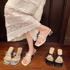 Damen glamouröse Sandalen mit funkelnden Strassdetails und transparentem Blockabsatz EB