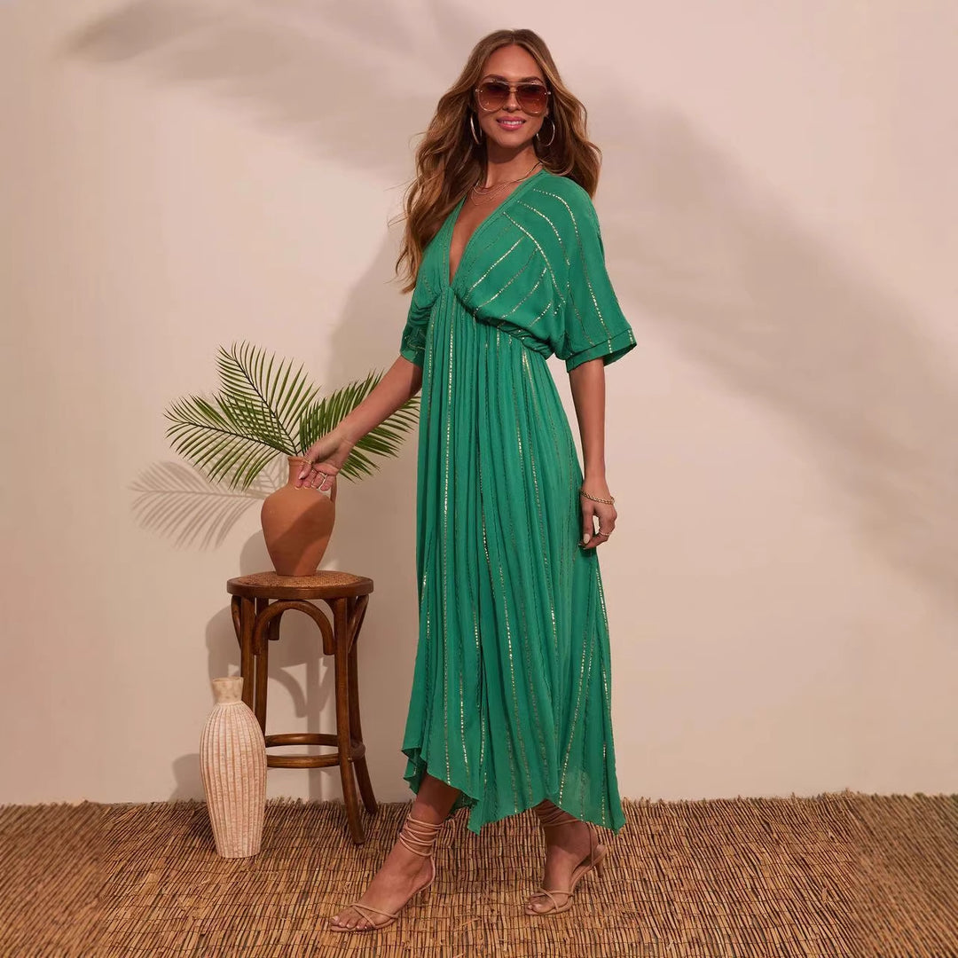 Damen Maxi-Kleid mit hochgeschlossenem V-Ausschnitt und fließendem Faltenwurf R&B