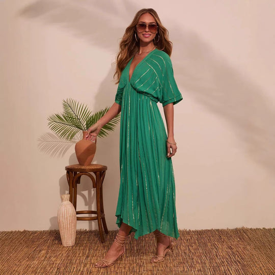 Damen Maxi-Kleid mit hochgeschlossenem V-Ausschnitt und fließendem Faltenwurf R&B