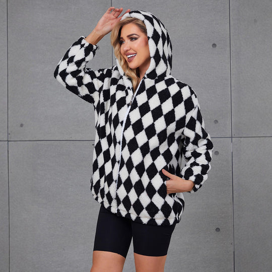 Damen Flauschige Jacke mit Karomuster und Kapuze R&B