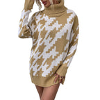 Damen Oversized Pullover mit Hohem Kragen und Modernem Muster