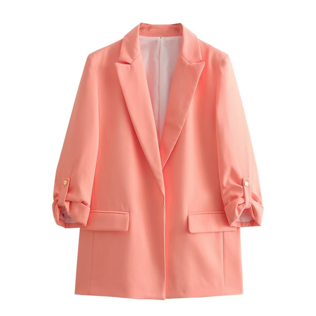 Damen elegante Blazerjacke mit strukturierten Ärmeln und dezenten Goldakzenten R&B