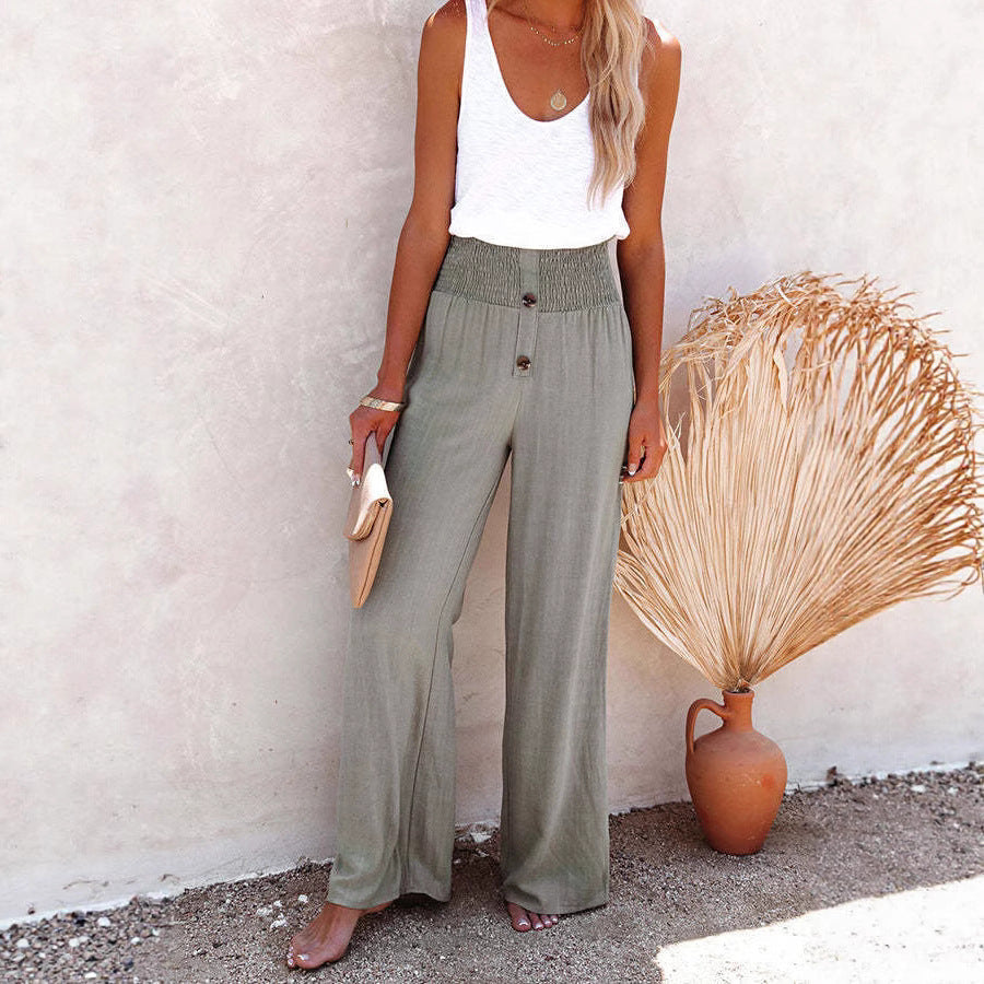 Damen Weitgeschnittene High-Waist Hose mit dekorativem Knopfdetail und elastischem Bund R&B