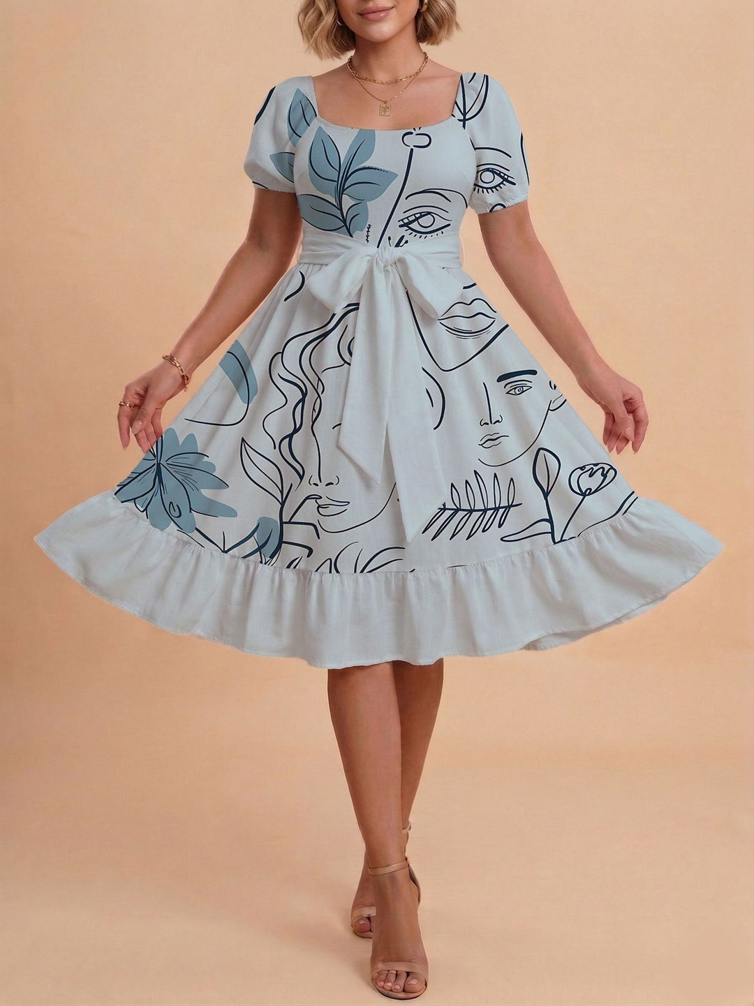 Damen Retro Maxikleid mit Puffärmeln und Taillengürtel R&B