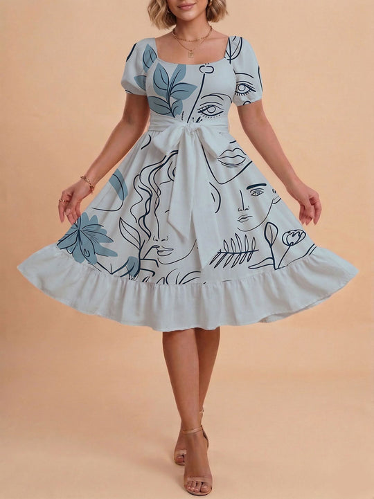 Damen Retro Maxikleid mit Puffärmeln und Taillengürtel R&B