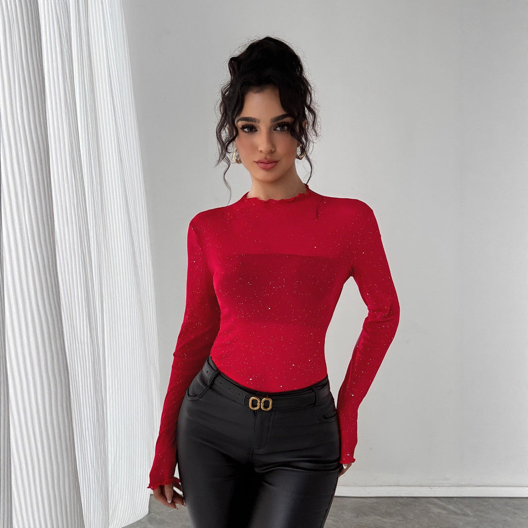 Damen Eleganter Bodysuit mit funkelnden Details und Rüschenkragen R&B