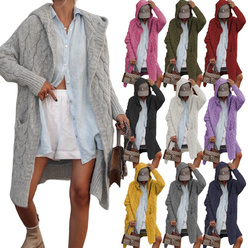 Damen Grobstrick-Cardigan mit offenem Schnitt und Kapuze R&B
