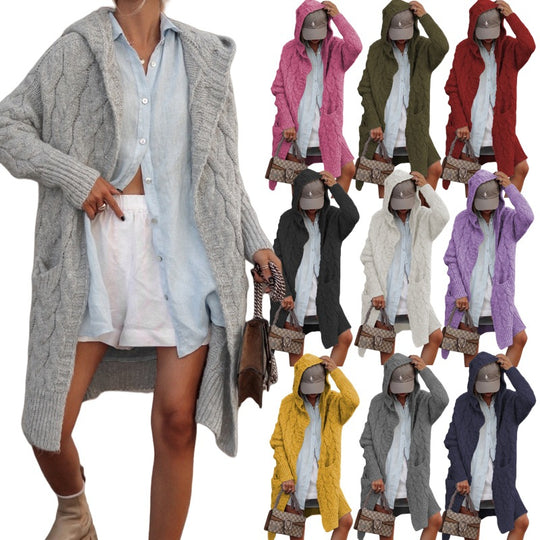 Damen Grobstrick-Cardigan mit offenem Schnitt und Kapuze R&B