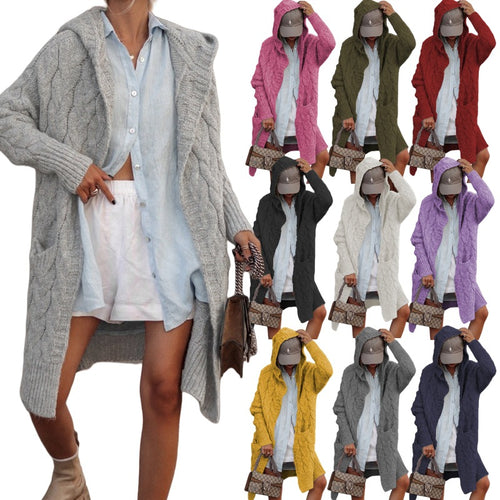 Damen Grobstrick-Cardigan mit offenem Schnitt und Kapuze R&B