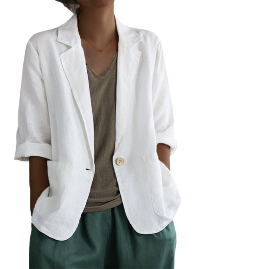 Damen Lässiger Leinenblazer mit breiten Ärmeln und Knopfverschluss R&B