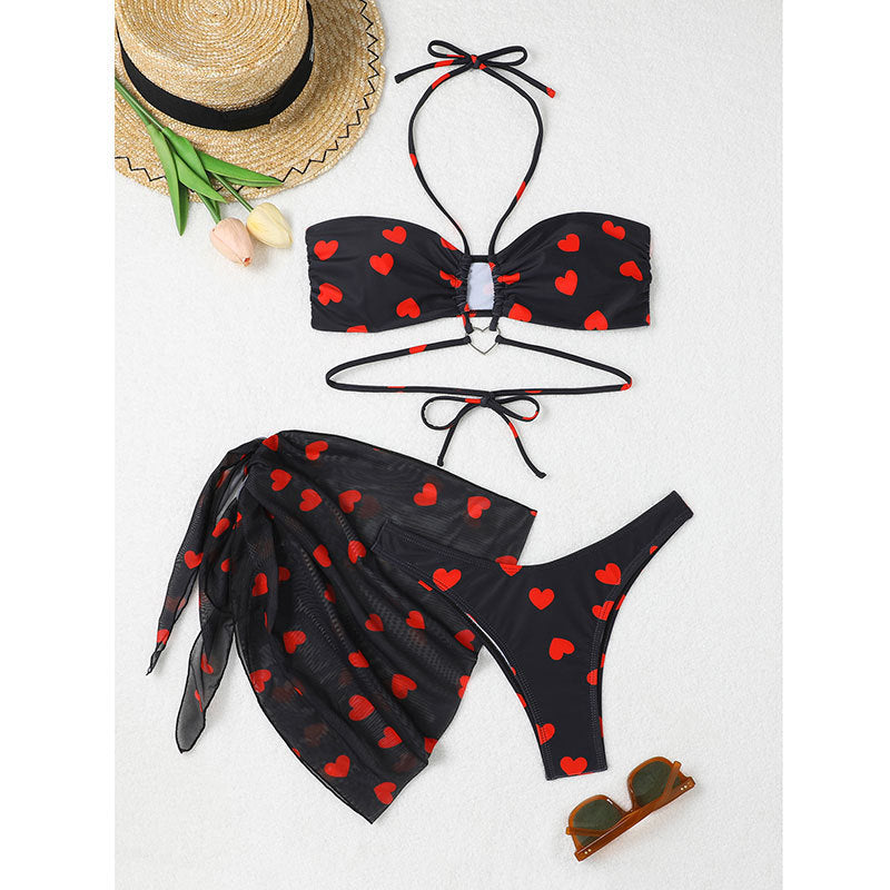 Damen Bikini-Set mit verspieltem Herzmotiv und transparentem Wickelrock R&B