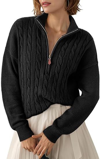 Damen Grobstrick Pullover mit Stehkragen und halbem Reißverschluss R&B