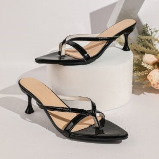 Damen elegante Slide-Sandalen mit zarten Riemen und komfortablem Absatz R&B