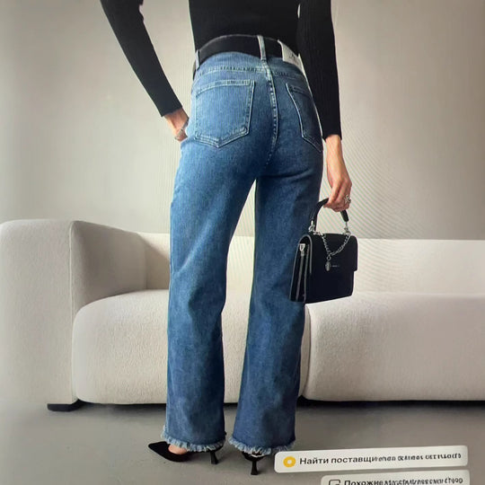 Damen Hochgeschnittene weite Jeanshose im Vintage-Style mit authentischem Used-Look R&B
