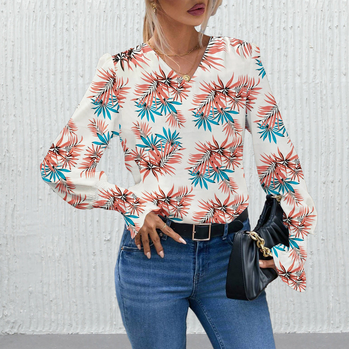 Damen Elegante Bluse mit floralem Design und weiten Ärmeln R&B