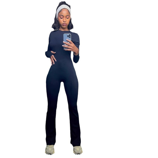 Damen sportlicher Jumpsuit mit langen Ärmeln und fließendem Design R&B