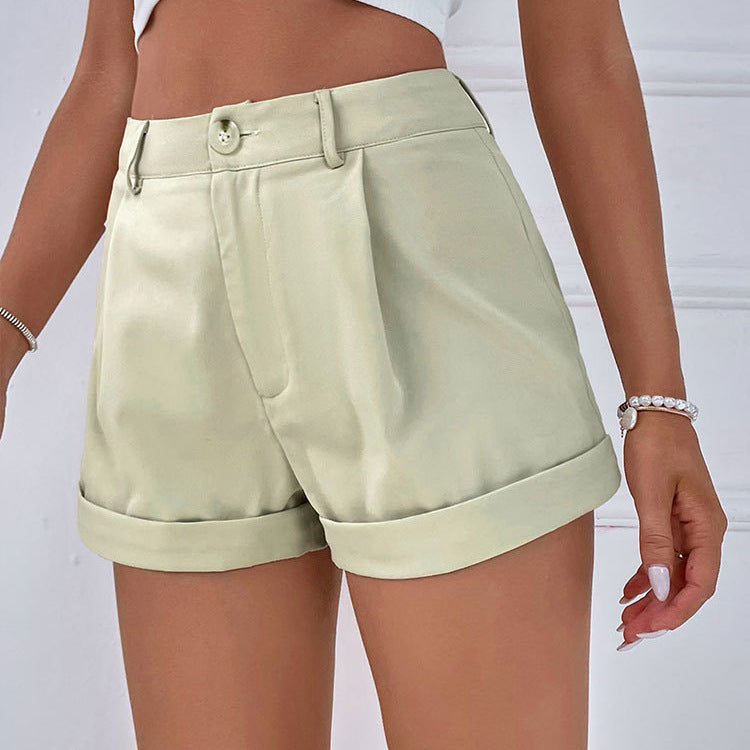 Damen elegante Kurzshorts mit hohem Bund und umgeschlagenem Saum R&B